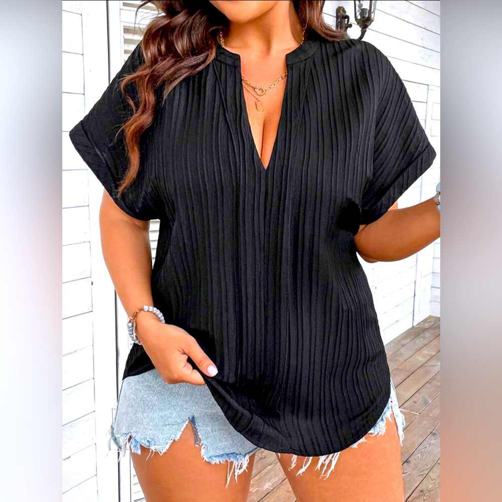 Plus Notched Neck Batwing Sleeve Blouse